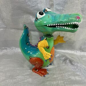 Artsy Colorful Enameled Metal Light Alligator Statue Bobble Head *SO CUTE*